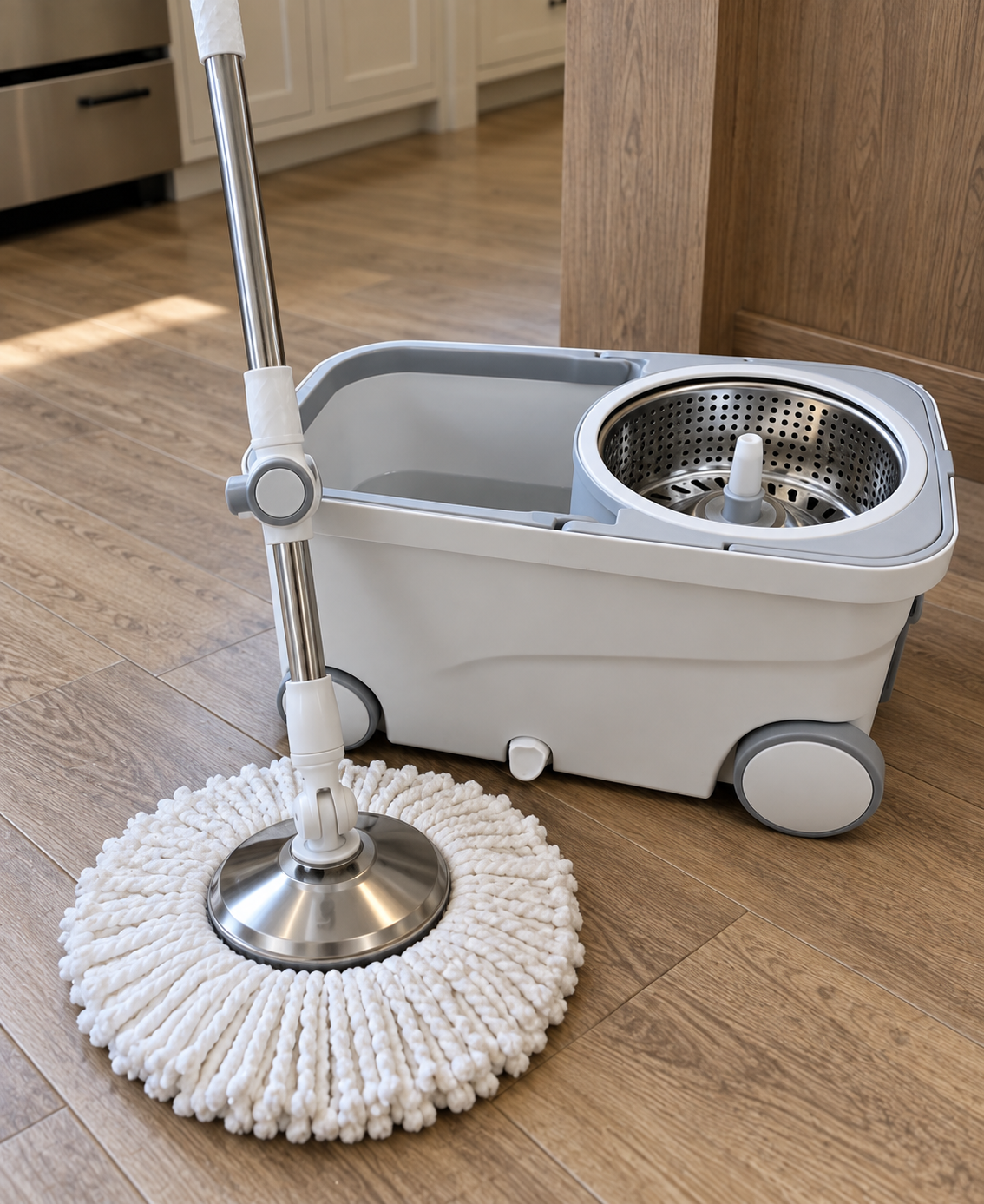 White wheeled spin-mop bucket and microfiber mop photographed on a warm wood floor
