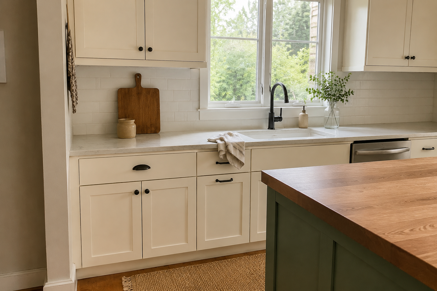 Realistic bright farmhouse kitchen with warm white cabinets, a wood island, muted sage paint, and a casual linen towel