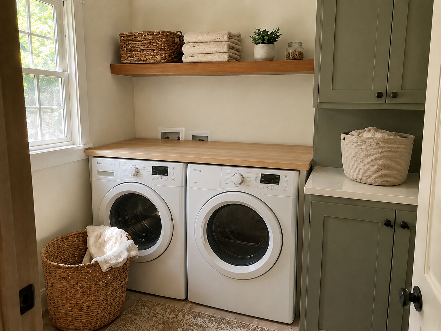 Bright, uncluttered farmhouse laundry room inspiration with practical storage and easy-to-clean surfaces