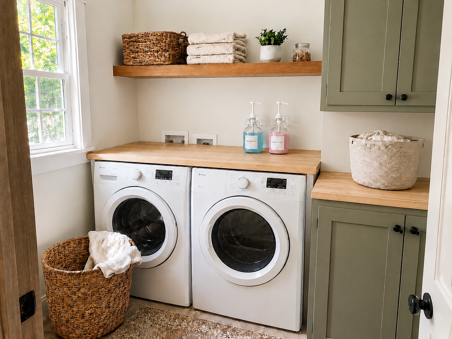 Realistic small farmhouse laundry room with white front-load appliances, a light wood countertop, blue detergent and pink softener dispensers, sage cabinets, a warm wood floating shelf, and woven baskets