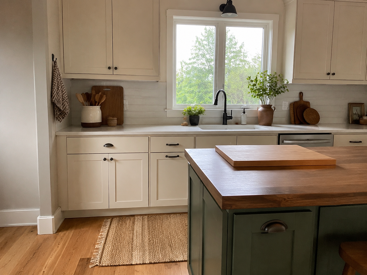 Bright modern farmhouse kitchen inspiration with warm neutral cabinets, wood details, and an uncluttered layout