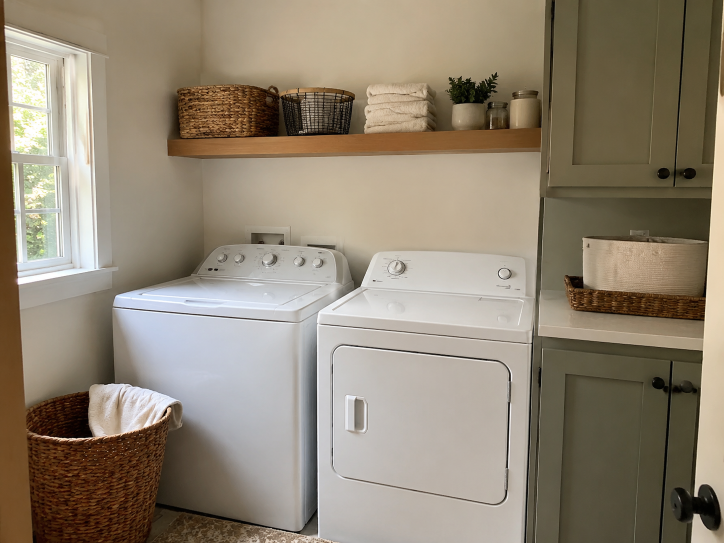 Bright practical farmhouse laundry room with sage cabinets and woven baskets