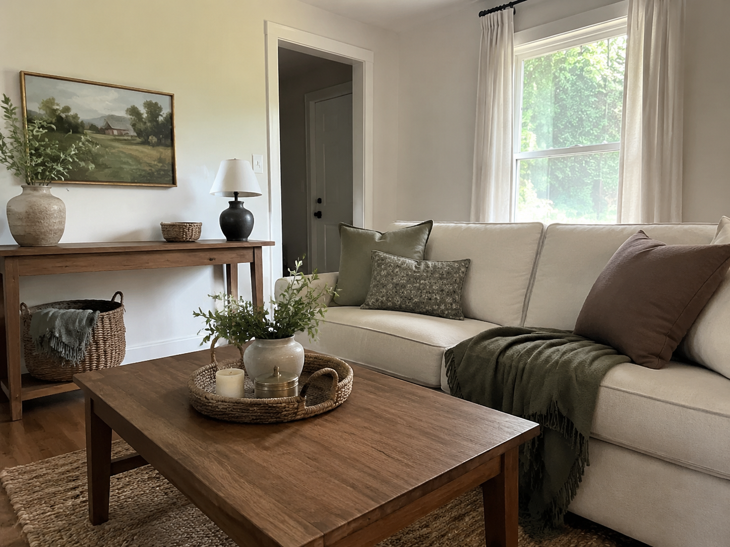 Bright farmhouse living room with warm wood, cream upholstery, and sage accents